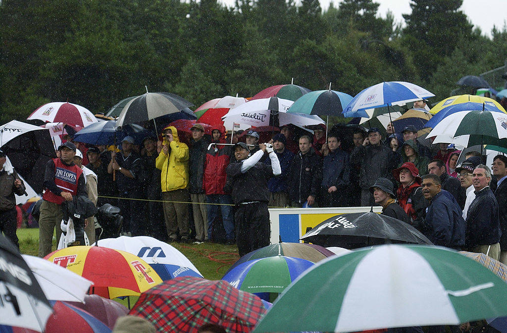 Tiger Woods experiences the worst of the weather at Muirfield in 2002